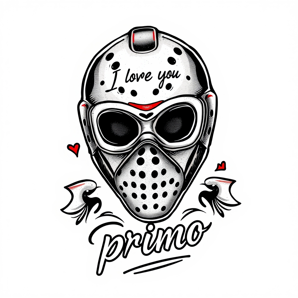 A tattoo design of Bernie parent goalie mask with the phrase " I love you" " never give up " and the name " primo " in the style of realistic. - sports equipment tattoo design generated by AI tattoo generator