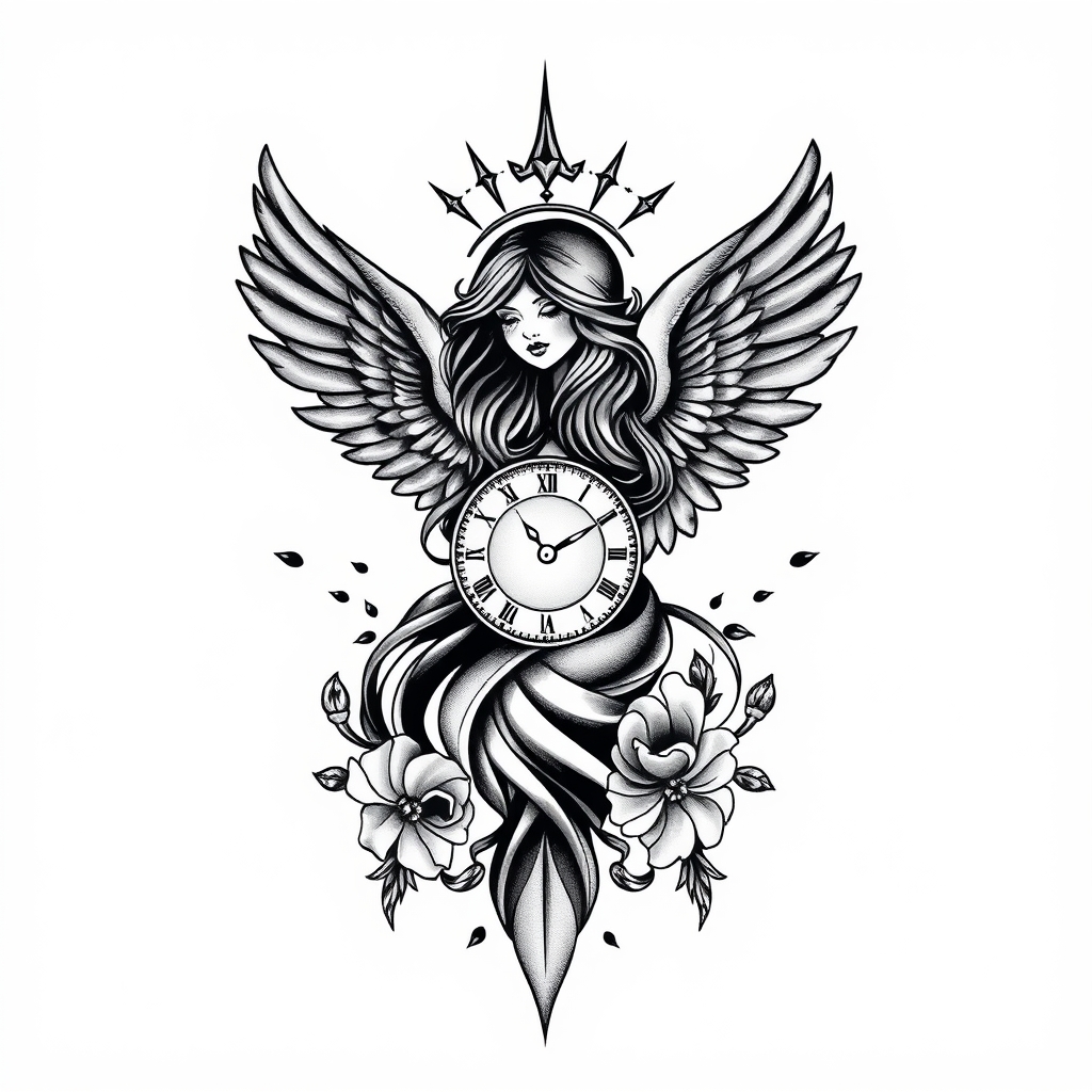 A tattoo design of anjo feminino espaço tempo relogio antigo in the style of realistic. - angel time space tattoo design generated by AI tattoo generator