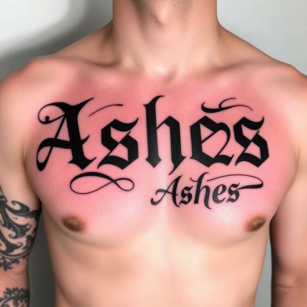 A tattoo design of Words "Ashes 222 Ashes" on left pectoralis in the style of blackwork. - words tattoo design generated by AI tattoo generator