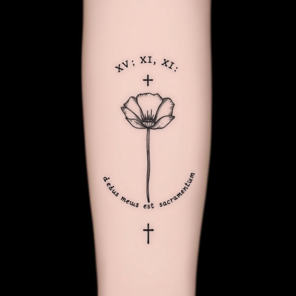 A tattoo design of XV: XI: MMXXI Isabella Poppy  deus meus est sacramentum, dedita deo  in the style of minimalist. - roman numerals faith tattoo design generated by AI tattoo generator