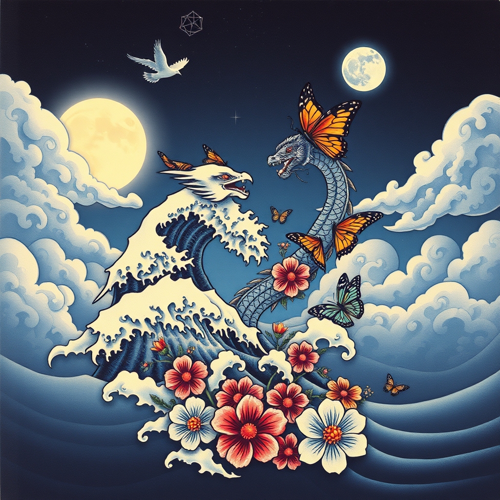 A tattoo design of aves, meets mc escher stairway folding into itself in the sky , the cresting waves turn into dragons, the dragons turn into butterflies and the butterflies turn into flowersin a night scene with the white glowing, with geometric glowing hexagram shaped planets in the sky moon , halfway full, the pale light splashing on the clouds that swirl mimicking the waves and the waves mimic the steady wind, the creating waves turm into dragons and the dragons into flowers in the style of japanese. - mythical creatures and nature tattoo design generated by AI tattoo generator