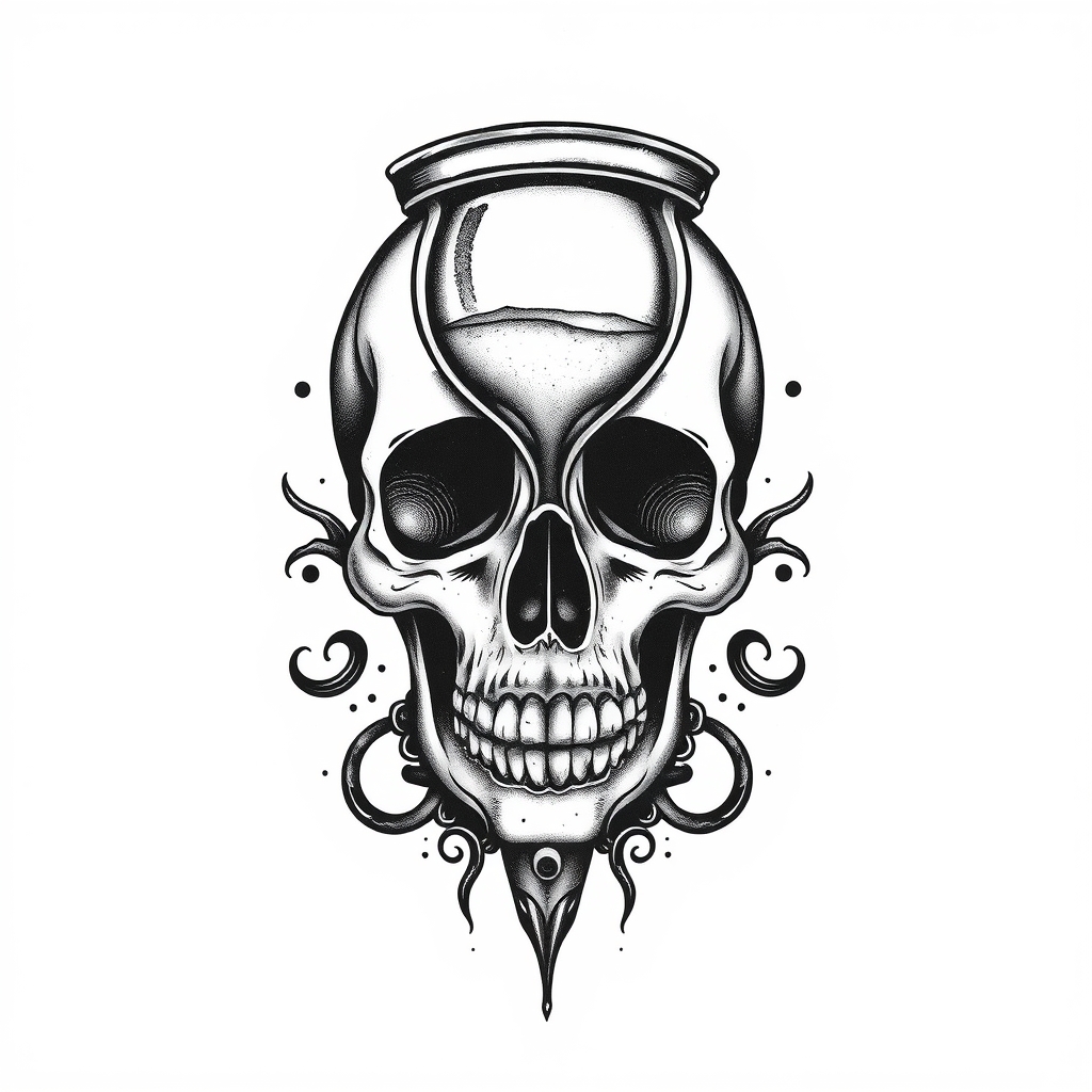 A tattoo design of hourglass piuring sand into a skull shape in the style of blackwork. - hourglass and skull tattoo design generated by AI tattoo generator