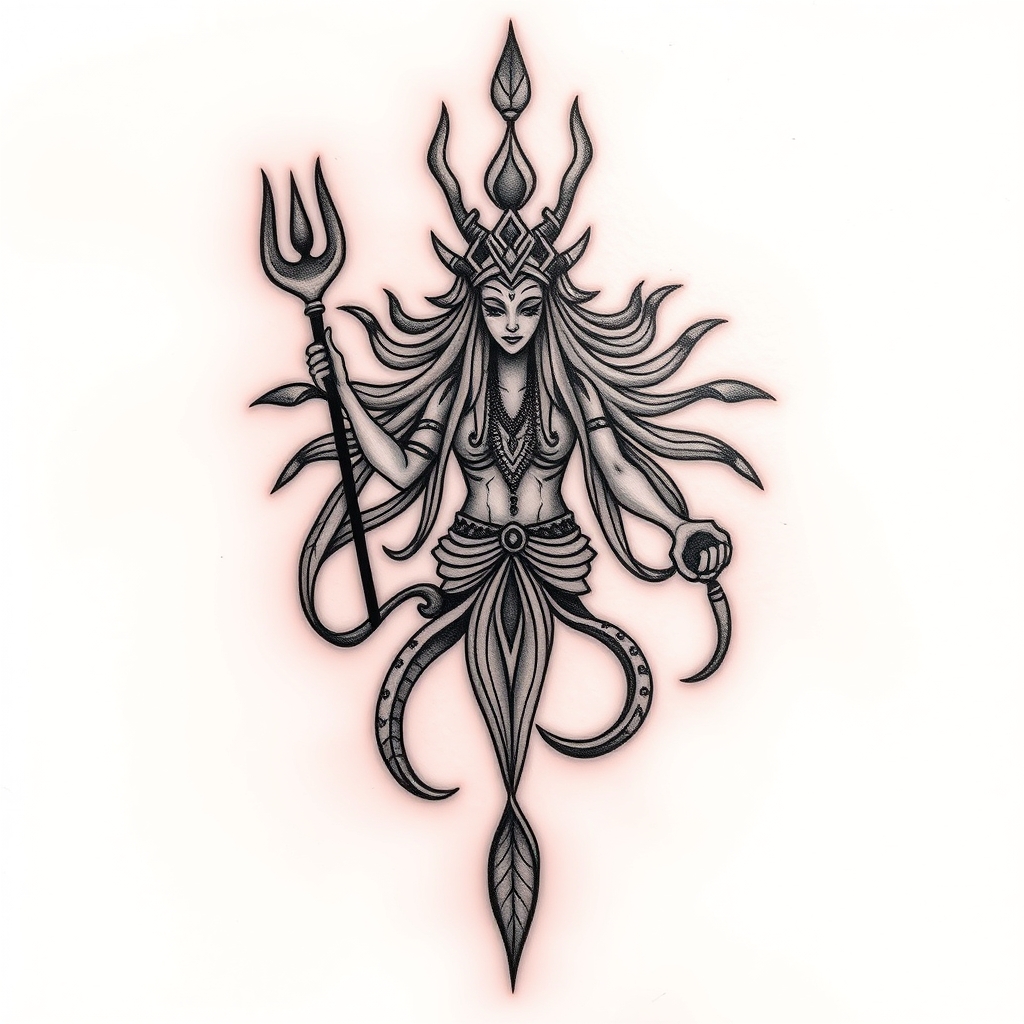 A tattoo design of Water deity in the style of tribal. - mythology tattoo design generated by AI tattoo generator