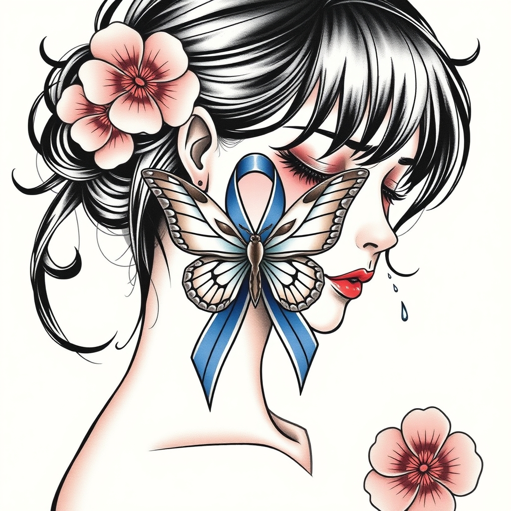 A tattoo design of A woman crying with the domestic awareness ribbon with a butterfly entwined together in the style of japanese. - domestic violence awareness tattoo design generated by AI tattoo generator