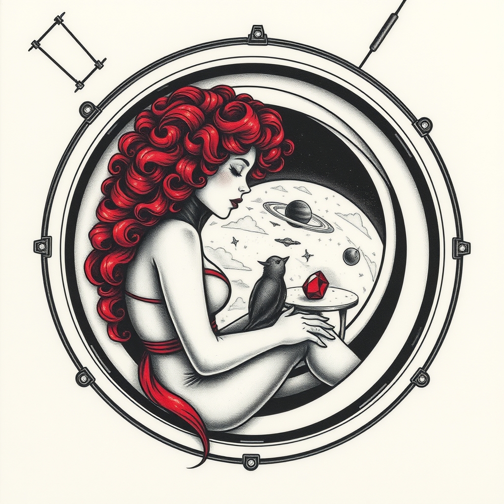 A tattoo design of Black and grey style. Redhead woman with curly hair sitting in a small space capsule alone. Floating through space with nothing to keep her company but a thing red ruby which she keeps on the small table by the porthole window. They are both sitting by the window peering out on an unknown planet. in the style of surrealistic. - space travel tattoo design generated by AI tattoo generator