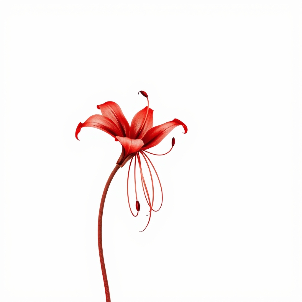 A tattoo design of Realistic spider lily tattoo design in red ink, with fine botanical detailing. The flower should have no leaves on the stem — only a single, slender, naturalistic stem supporting a fully bloomed spider lily with delicate, curled petals and long filaments, all in a vivid red tone. Efeito “ghosted” / diplopia: Overlay a second version of the same flower in pure white ink, slightly offset to the right, creating a ghosted double‑vision effect (3D‑style diplopia). The white flower should look like a translucent echo or spiritual aura of the red lily, as if its soul is gently drifting out. Contraste e estilo: Focus on soft contrast between the vibrant red and ethereal white. The design should be clean, refined, and emotionally expressive — balancing realism and minimalism. in the style of japanese. - flower tattoo design generated by AI tattoo generator