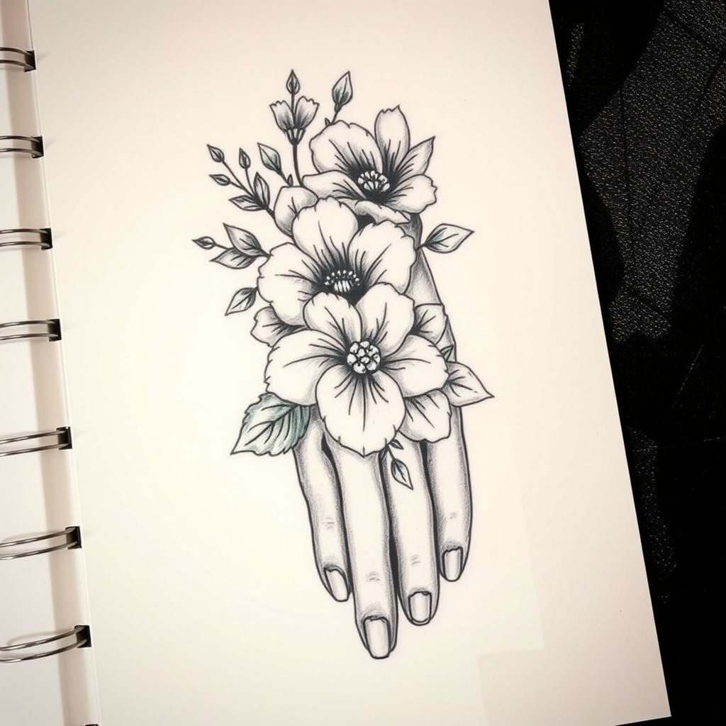 A tattoo design of flowers, hand, the footbook in the style of realistic. - body parts tattoo design generated by AI tattoo generator
