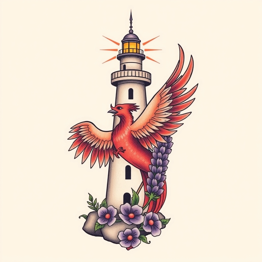 A tattoo design of  lighthouse with a phoenix an purple lupines   in the style of traditional. - mythical creatures tattoo design generated by AI tattoo generator
