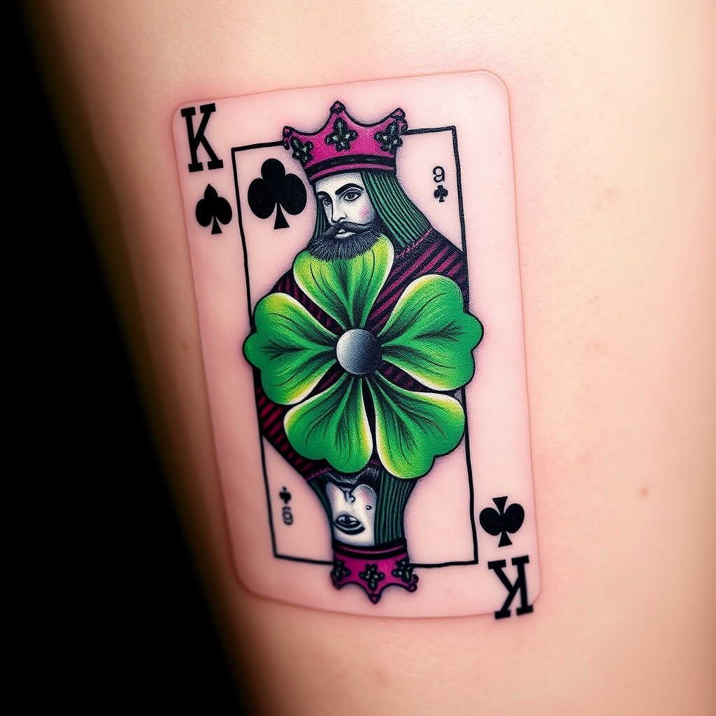 A tattoo design of I would like a 3d photo realistic playing card, the king of 4 leaf clovers, with black, green, and purple ink, maybe some white ink for highlighting. NO red ink. in the style of surrealistic. - playing cards tattoo design generated by AI tattoo generator