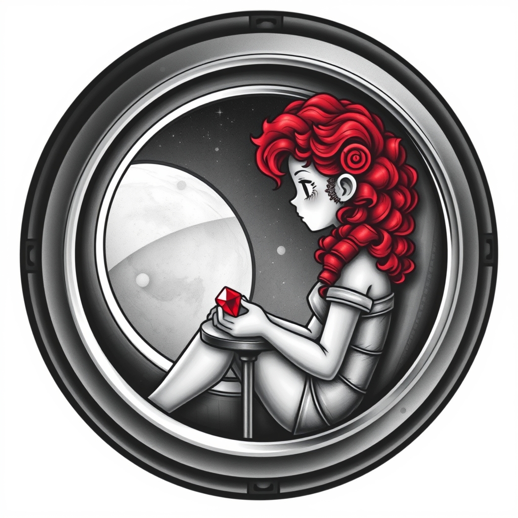 A tattoo design of Black and grey style. Redhead girl with curly hair sitting in a small space capsule alone. Floating through space with nothing to keep her company but a thing red ruby which she keeps on the small table by the porthole window. They are both sitting by the window peering out on an unknown planet. in the style of realistic. - space travel tattoo design generated by AI tattoo generator