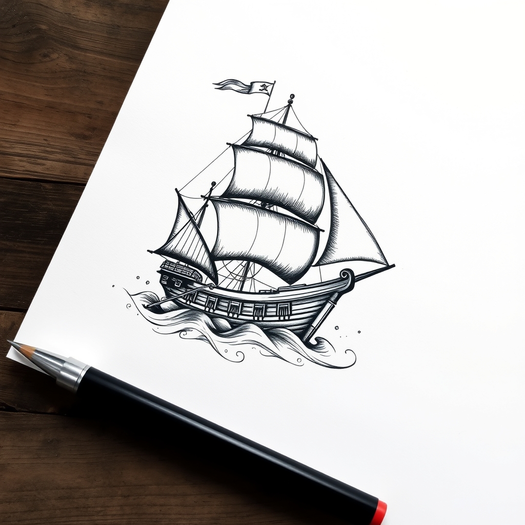 A tattoo design of b/w vintage pirate ship on white paper in the style of blackwork. - vintage pirate ship tattoo design generated by AI tattoo generator