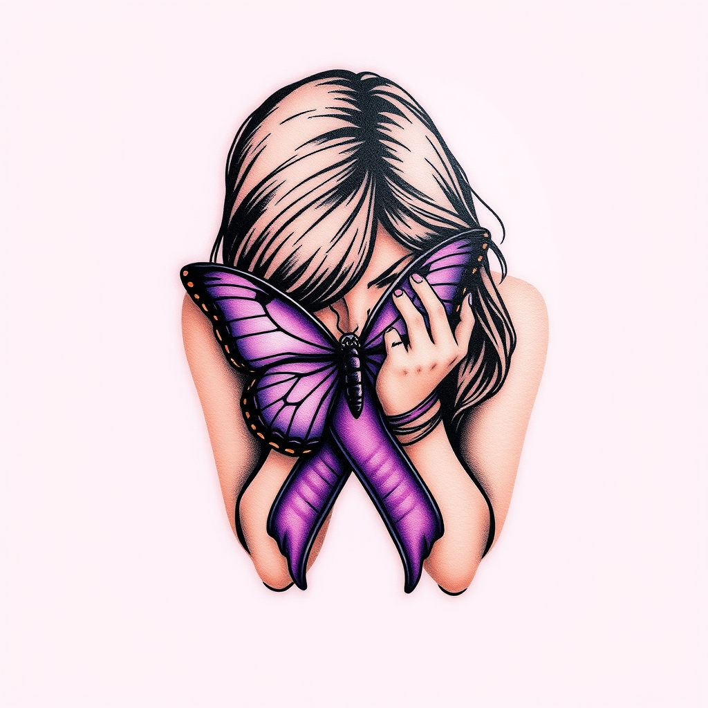 A tattoo design of Domestic violence ribbon awareness inclined together with a purple butterfly as a women hunched over her hands overing her face in the style of abstract. - domestic violence awareness tattoo design generated by AI tattoo generator