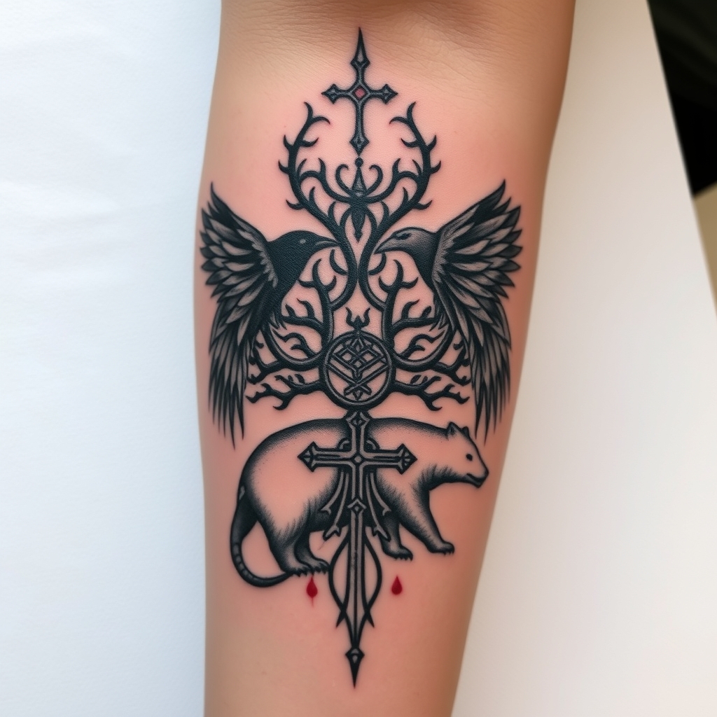 A tattoo design of feminine, odins ravens, wyrd, yggdrasil, vegvisin, valknut, troll cross and bear, add a little red Down my arm onto my wrist in the style of tribal. - norse mythology tattoo design generated by AI tattoo generator