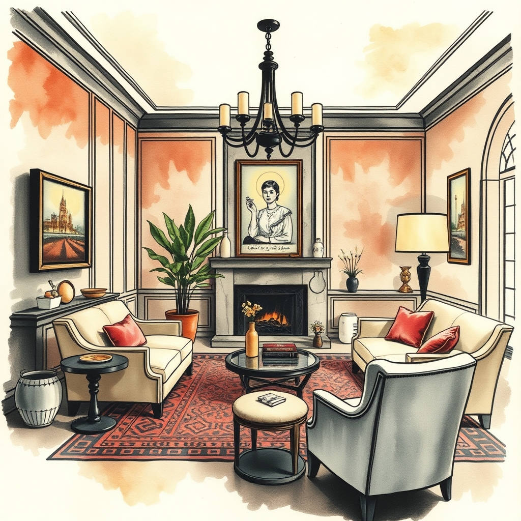 A tattoo design of A livingroom, art deco, by Romaine Brooks in the style of watercolor. - interior design tattoo design generated by AI tattoo generator