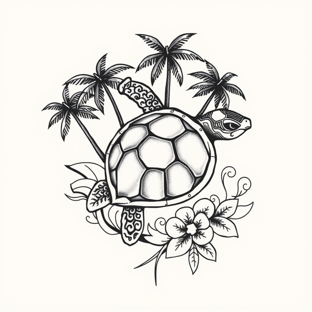 A tattoo design of sea turtle, palm trees, feminine in the style of japanese. - ocean wildlife tattoo design generated by AI tattoo generator
