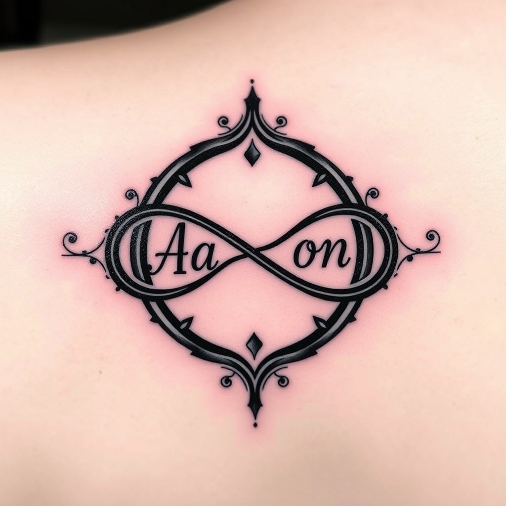 A tattoo design of Infinity symbol with the name Aaron in the style of blackwork. - infinity symbol tattoo design generated by AI tattoo generator