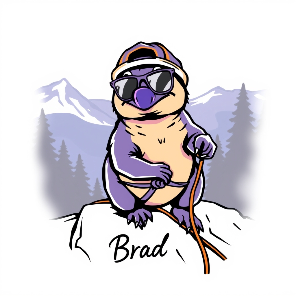 A tattoo design of A platypus who wears a backwards hat and sunglasses, loves the color purple, and is rock climbing with a rope and harness on a mountain with trees in the background. His name is Brad and he is goofy. in the style of minimalist. - animal cartoon character tattoo design generated by AI tattoo generator