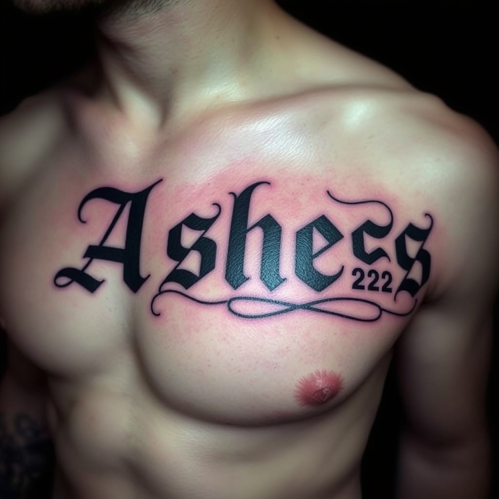 A tattoo design of Words "Ashes 222 Ashes" on left pectoralis in the style of realistic. - text phrase tattoo design generated by AI tattoo generator