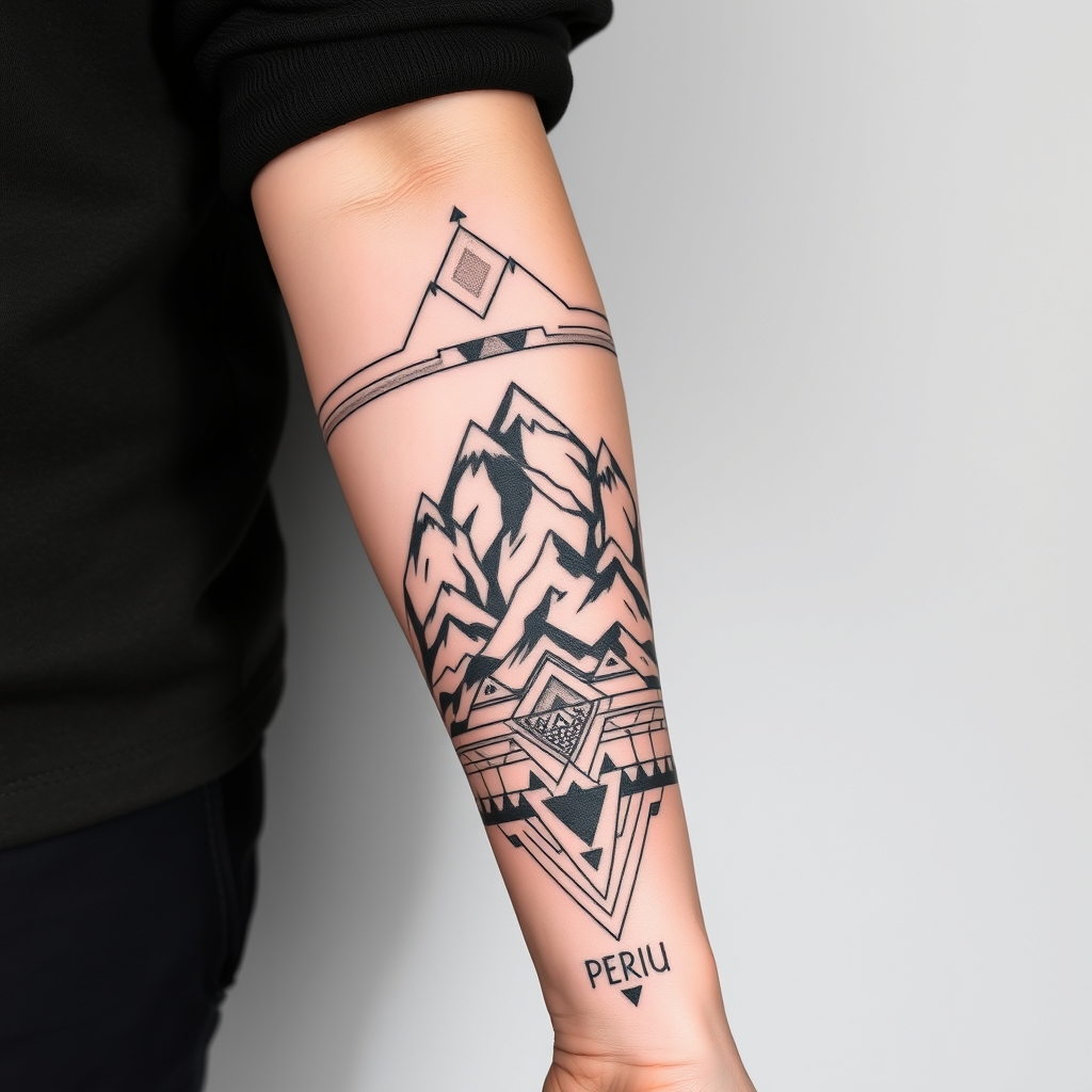 A tattoo design of Long Masculine peruvian tattoo for a forearm with mountains in the style of geometric. - landscapes tattoo design generated by AI tattoo generator