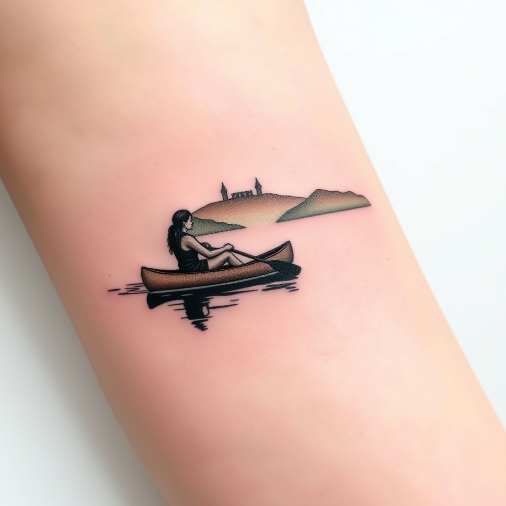 A tattoo design of Woman paddling a canoe on lake Coniston  in the style of minimalist. - water sports tattoo design generated by AI tattoo generator