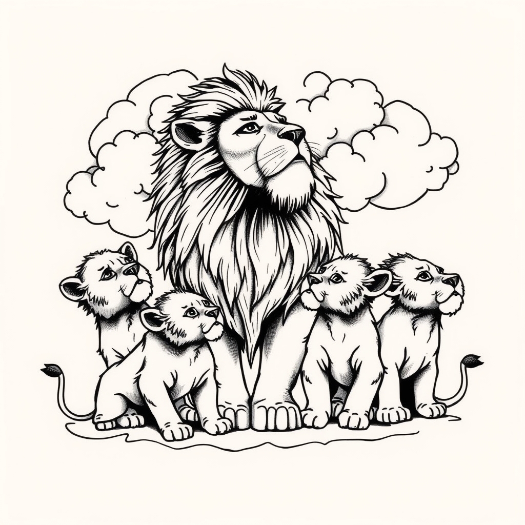 A tattoo design of Grandpa Lion in the clouds looking down on his lion son and his 6 lion cubs  in the style of blackwork. - lions and family tattoo design generated by AI tattoo generator
