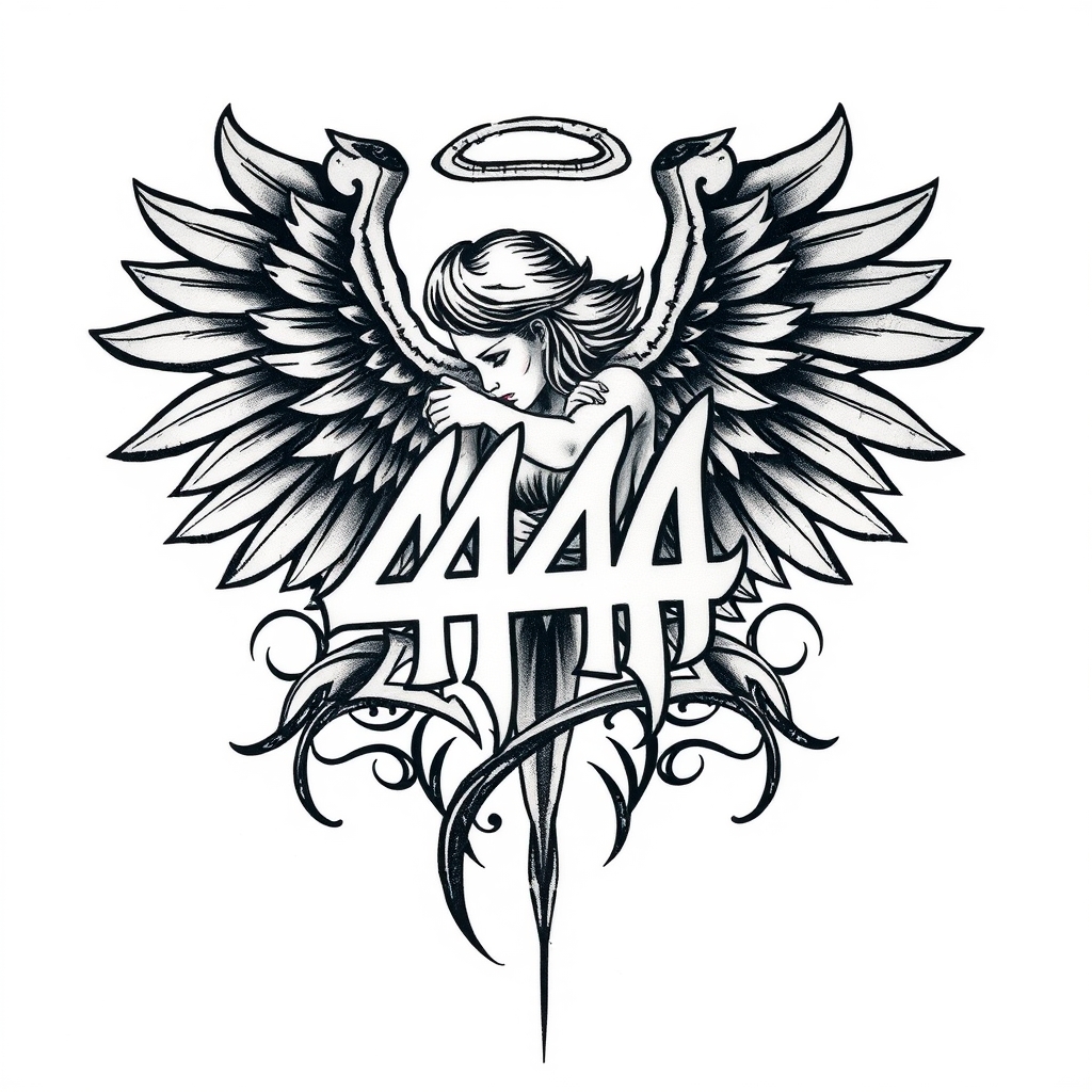 A tattoo design of angel with the number 444 in the style of tribal. - angels and numerals tattoo design generated by AI tattoo generator