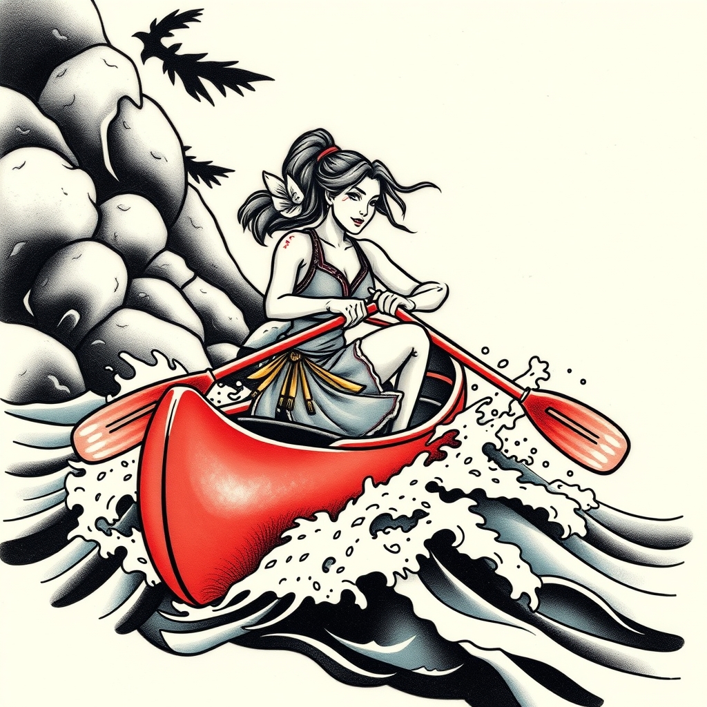 A tattoo design of A strong woman paddling a canoe along rapids in the style of japanese. - water sports tattoo design generated by AI tattoo generator