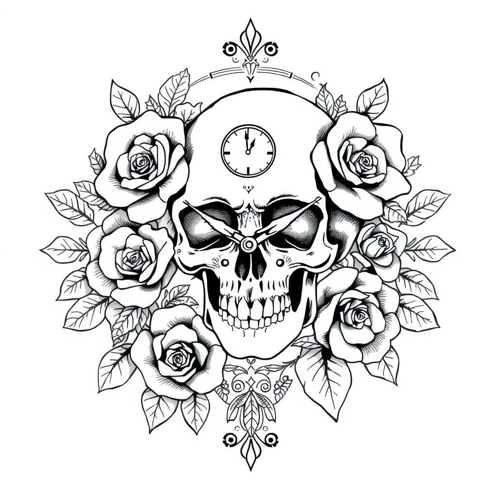 A tattoo design of “Intricate black-and-white line art of a neo-traditional tattoo design featuring a vintage human skull entwined with blooming roses, ornamental leaves, and antique clock hands frozen in time. Thick bold outlines define the composition, while delicate crosshatching and stippling add texture and depth. Decorative flourishes frame the image, creating a sense of movement and old-school artistry. All elements are designed in pure black ink with no color or shading, suitable for adult coloring books. The center area is left open to insert a quote or custom text. Highly detailed, symmetrical, and optimized for crisp line art reproduction.” in the style of abstract. - skull with flowers tattoo design generated by AI tattoo generator