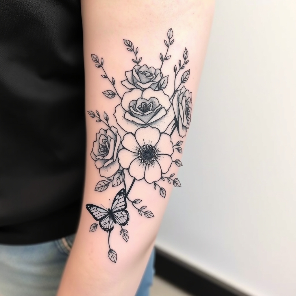 A tattoo design of A nice full half sleeve tattoo on the upper arm with flowers, rose's, butterfly's and minimalist vine leafs in black and white. A few different flowers and one butterfly on the elbow made with fine line in the style of abstract. - floral design tattoo design generated by AI tattoo generator