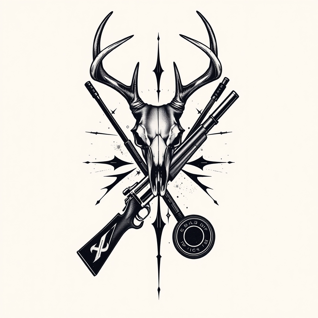 A tattoo design of i want a blackout deer skull on top of the x and i want a blackout hunting rifle going in an x with a blackout ice hockey stick in a x with the rifle with a blackout hockey puck in the style of realistic. - hunting wildlife sports equipment tattoo design generated by AI tattoo generator