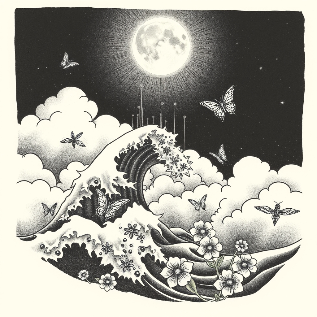 A tattoo design of aves, meets mc escher stairway folding into itself in the sky , the cresting waves turn into dragons, the dragons turn into butterflies and the butterflies turn into flowersin a night scene with the white glowing, with geometric glowing hexagram shaped planets in the sky moon , halfway full, the pale light splashing on the clouds that swirl mimicking the waves and the waves mimic the steady wind, the creating waves turm into dragons and the dragons into flowers in the style of minimalist. - mythical creatures in nature tattoo design generated by AI tattoo generator