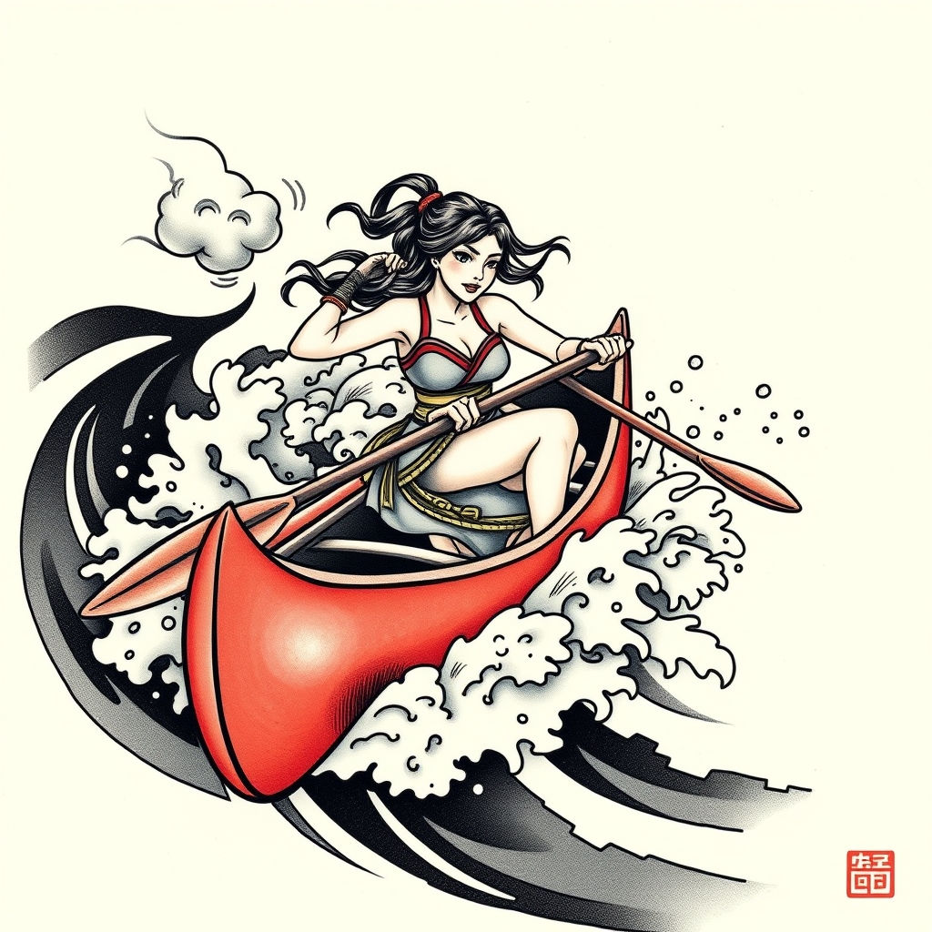 A tattoo design of A strong woman paddling a canoe through a whirlpool in the style of japanese. - mythical water creature tattoo design generated by AI tattoo generator