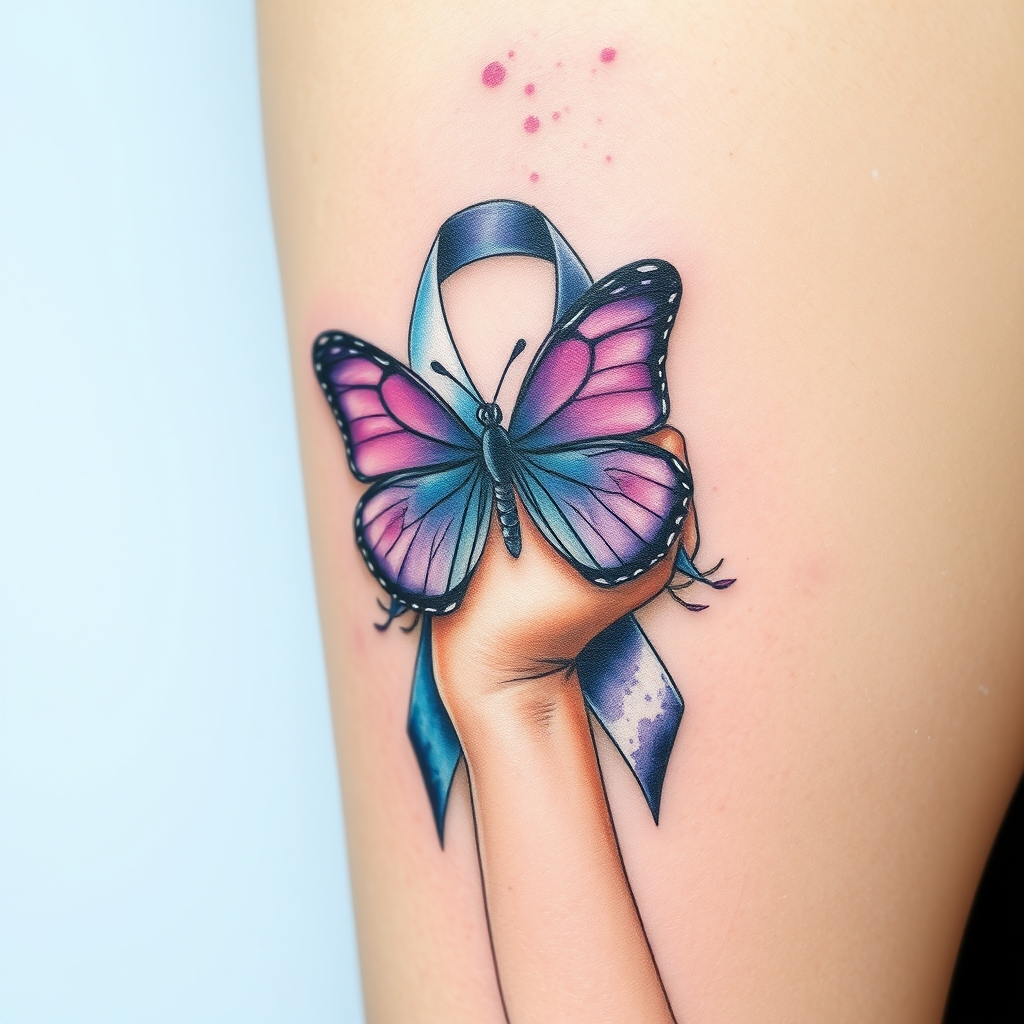 A tattoo design of Domestic violence ribbon awareness inclined together with a purple butterfly as a women hunched over her hands overing her face in the style of watercolor. - awareness ribbon tattoo design generated by AI tattoo generator