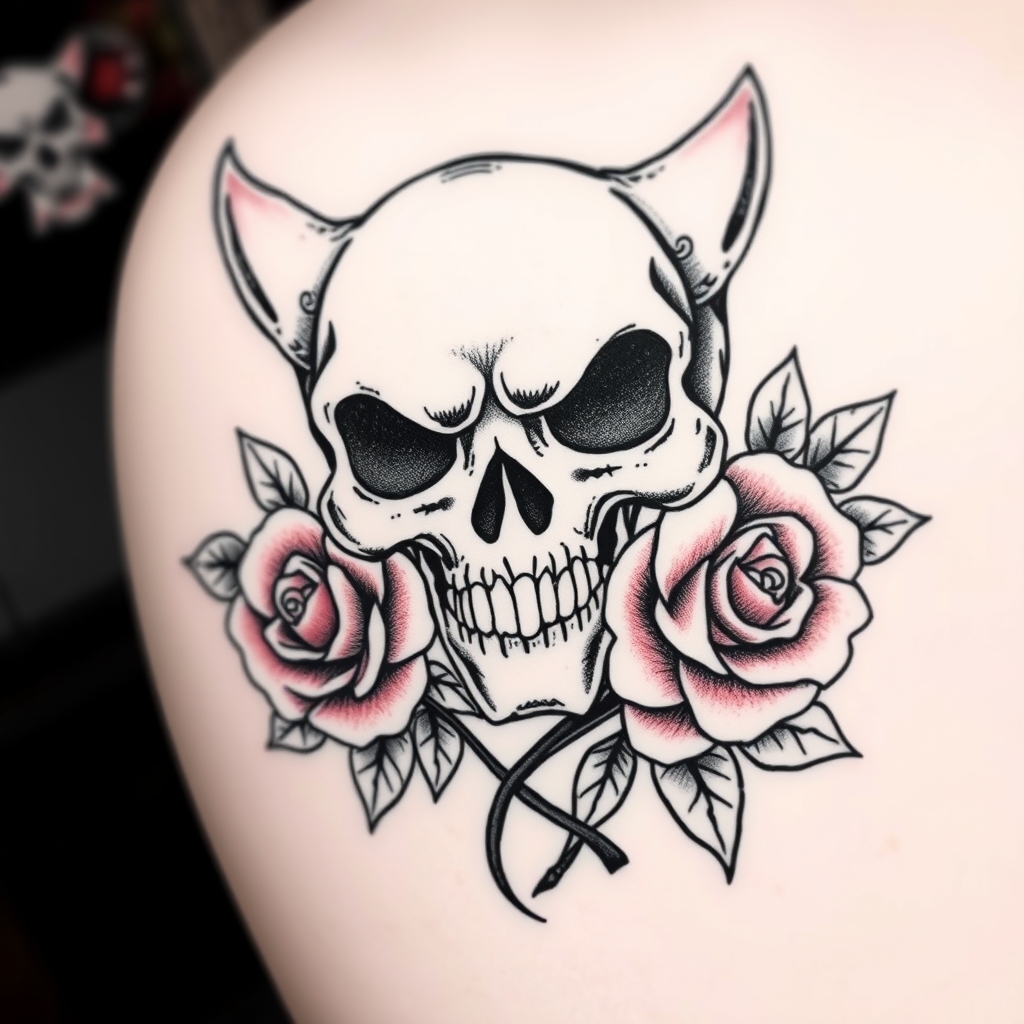 A tattoo design of POKEMON CUBONE SKULL WITH ROSES in the style of traditional. - pokemon skull tattoo design generated by AI tattoo generator