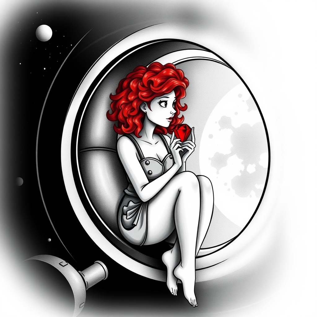 A tattoo design of Black and grey style. Curious redhead woman in romper with curly hair sitting in a small space capsule alone. Floating through space with nothing to keep her company but a shining red ruby which she holds close by the porthole window. They are both sitting by the window peering out on an unknown planet. in the style of abstract. - space exploration tattoo design generated by AI tattoo generator