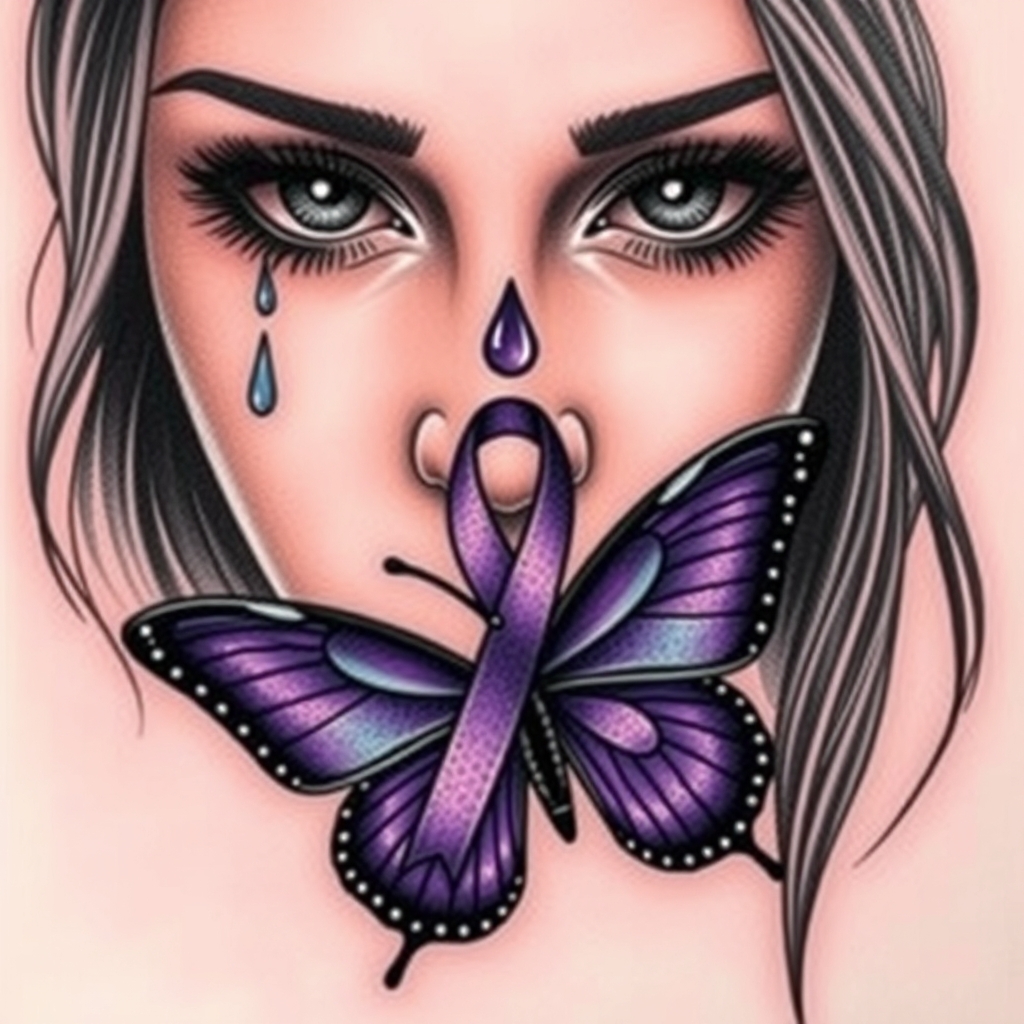 A tattoo design of A tear running down a woman's face with a domestic violence ribbon and a purple butterfly entwined together in the style of realistic. - domestic violence awareness tattoo design generated by AI tattoo generator