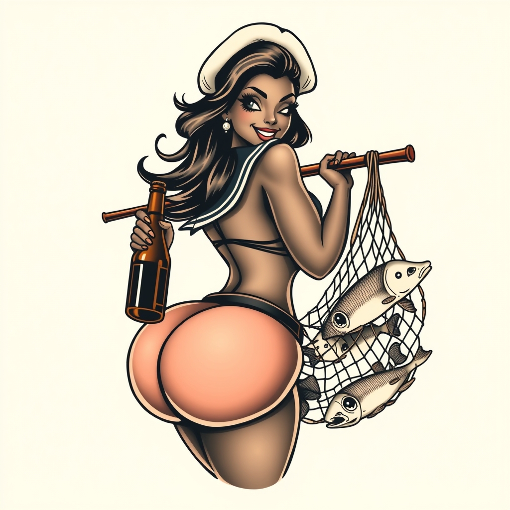 A tattoo design of A dark black woman winking with a large bum in a sailor outfit with a beer bottle hauling a net full of fish sailor jerry style in the style of traditional. - sailor pin up tattoo design generated by AI tattoo generator