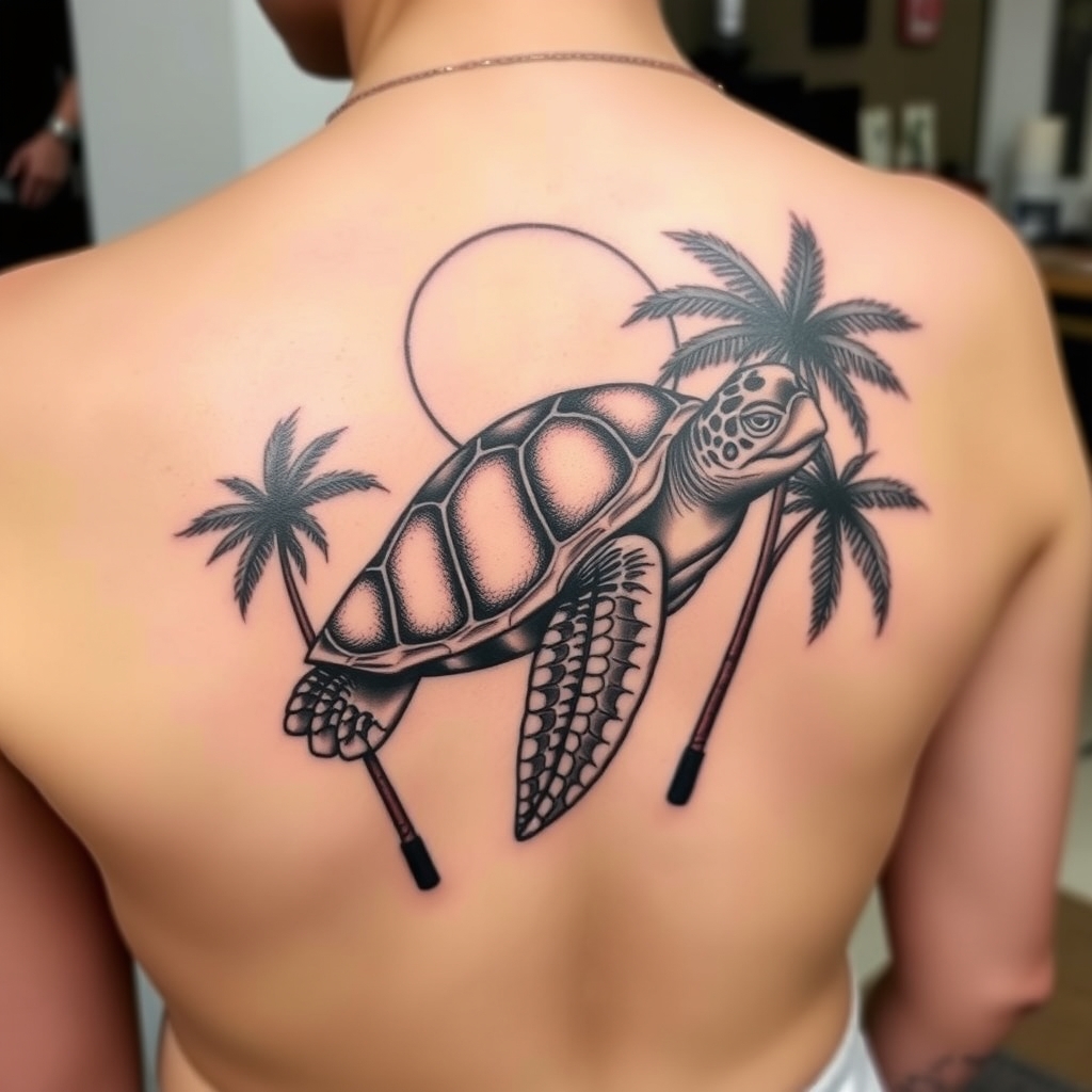 A tattoo design of sea turtle, palm trees, feminine in the style of realistic. - beach scene tattoo design generated by AI tattoo generator