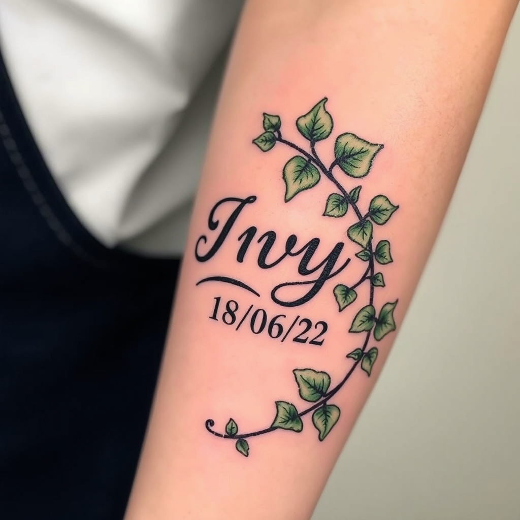 A tattoo design of Ivy leaves wrapping round arm with the name Ivy incorporated and the date of birth 18/06/22 in the style of traditional. - plants tattoo design generated by AI tattoo generator