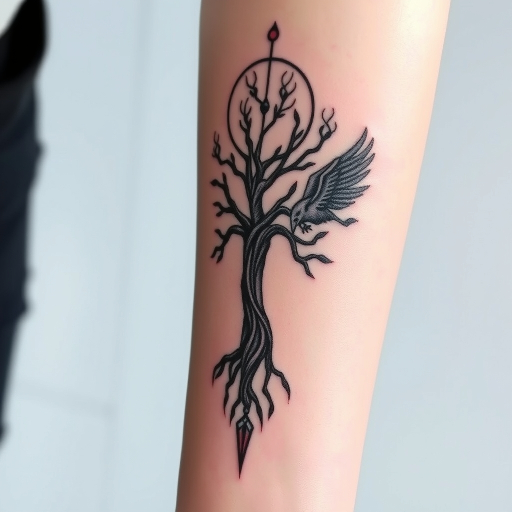 A tattoo design of feminine, odins ravens, yggdrasil, vegvisin, add a little red  Down my arm onto my wrist in the style of minimalist. - norse mythology tattoo design generated by AI tattoo generator