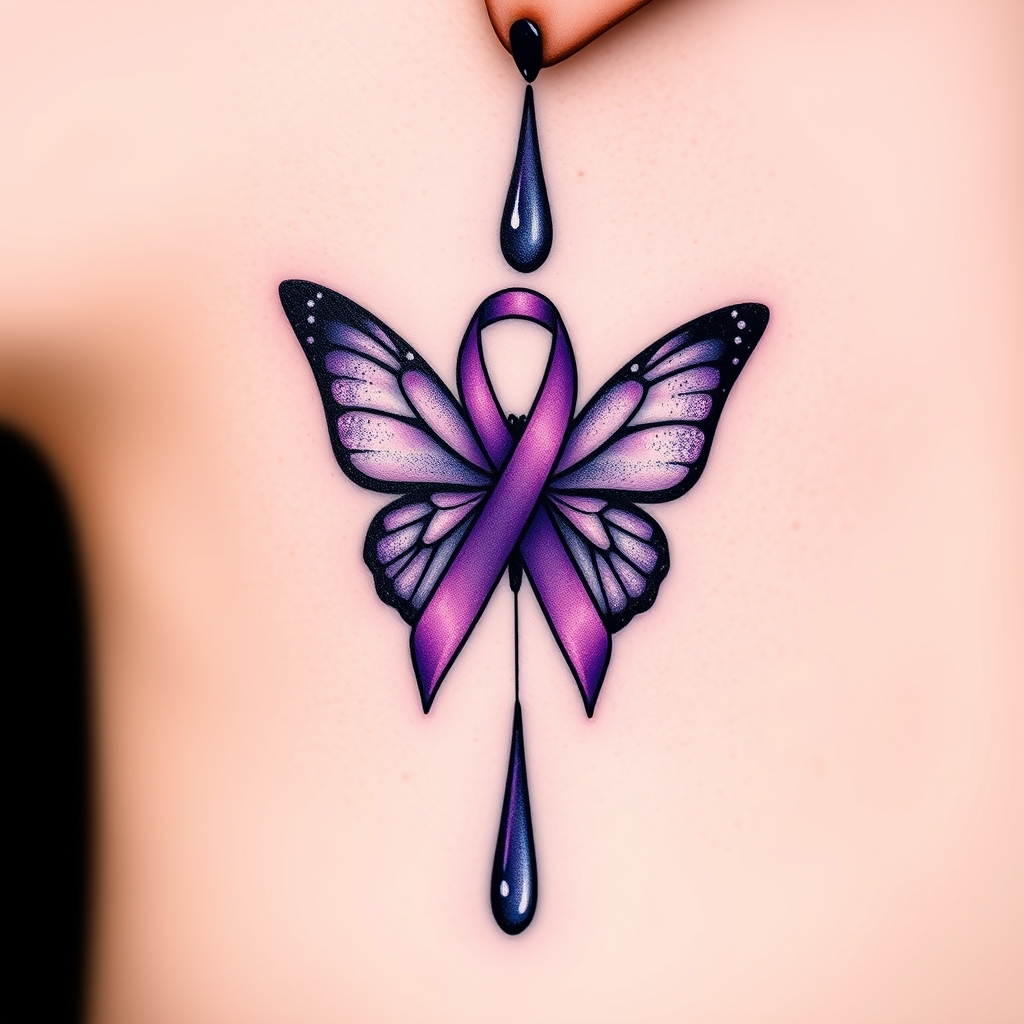A tattoo design of A tear running down a woman's face with a domestic violence ribbon and a purple butterfly entwined together in the style of minimalist. - domestic violence awareness tattoo design generated by AI tattoo generator