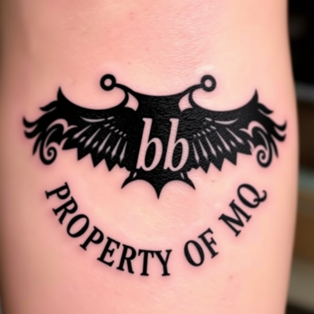 A tattoo design of symbol of being a  cuckold.  Black and pink are the colors. Name is bb.  Says PROPERTY OF MQ in the style of realistic. - cuckold symbol tattoo design generated by AI tattoo generator