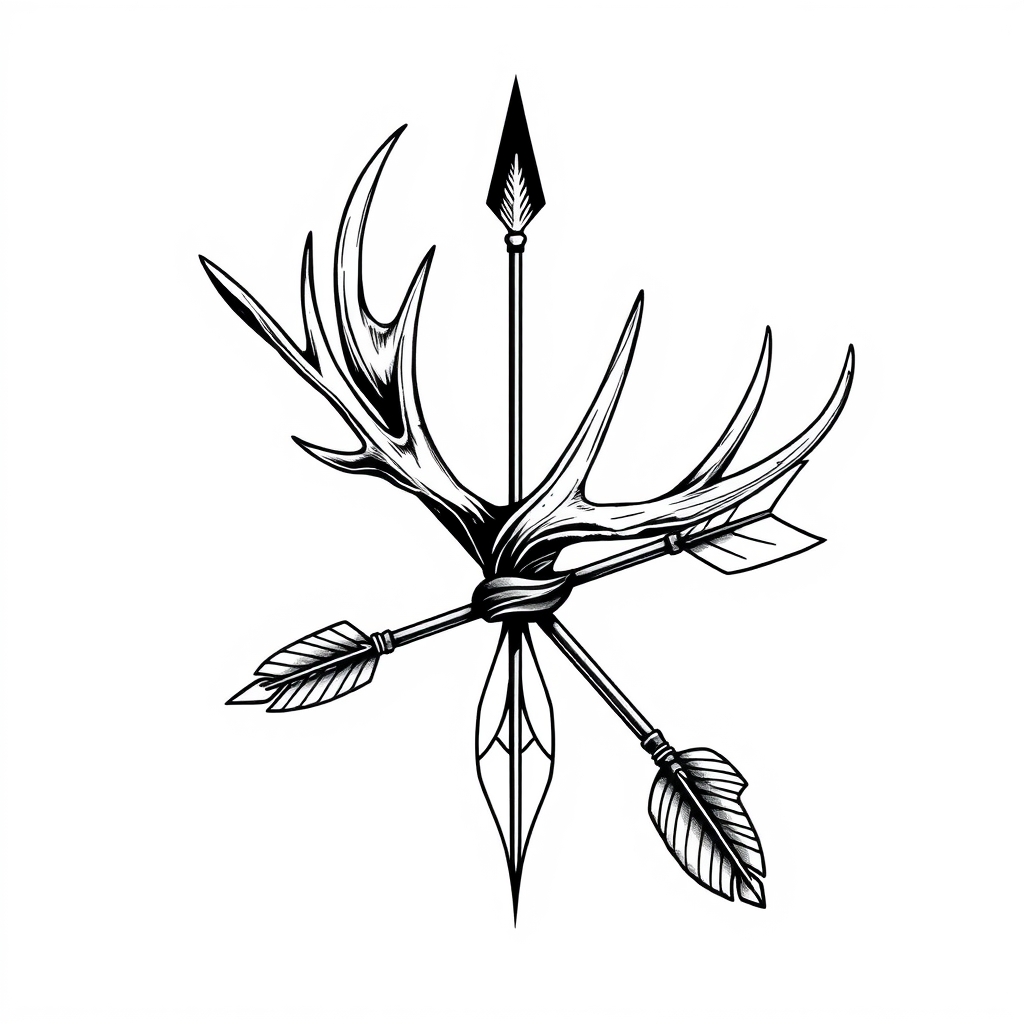 A tattoo design of 1 elk antler wrapped around 1 arrow in the style of realistic. - wildlife hunting tattoo design generated by AI tattoo generator