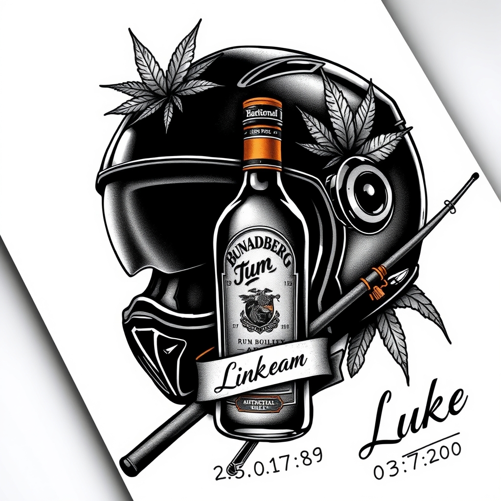 A tattoo design of A motorcycle helmet with a weed leaf, Bundaberg tum bottle and a fishing rod. I want the tatto black and grey with a dash of colour on the rum bottle. A tribute saying Luke 25.01.85 - 03.07.20 in the style of realistic. - memorial tattoo tattoo design generated by AI tattoo generator