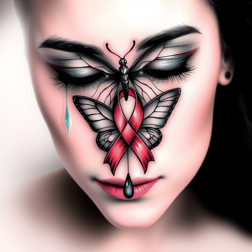 A tattoo design of A tear running down a woman's face with a domestic violence ribbon and a butterfly entwined together in the style of realistic. - domestic violence awareness tattoo design generated by AI tattoo generator