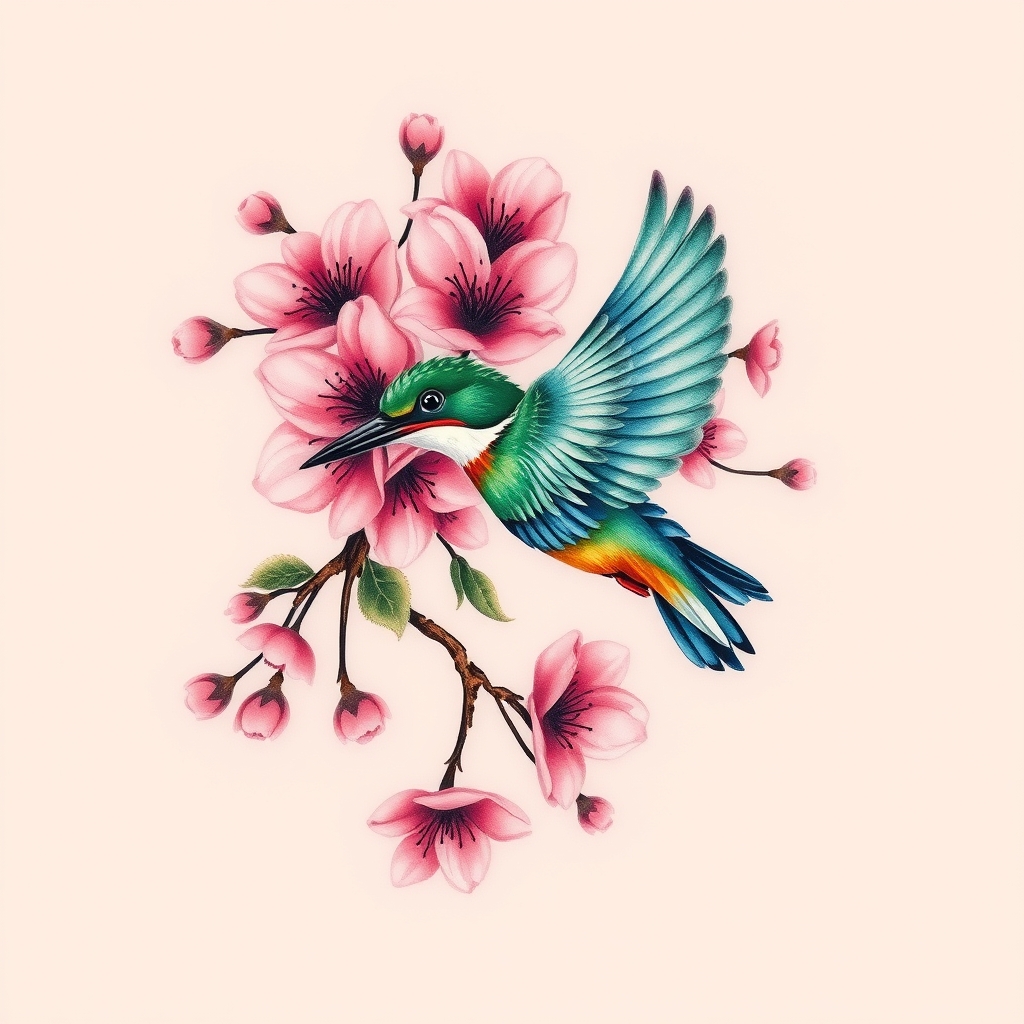 A tattoo design of Bunches of pink cherry blossoms with green and blue kingfisher in flight in the style of watercolor. - flowers and birds tattoo design generated by AI tattoo generator