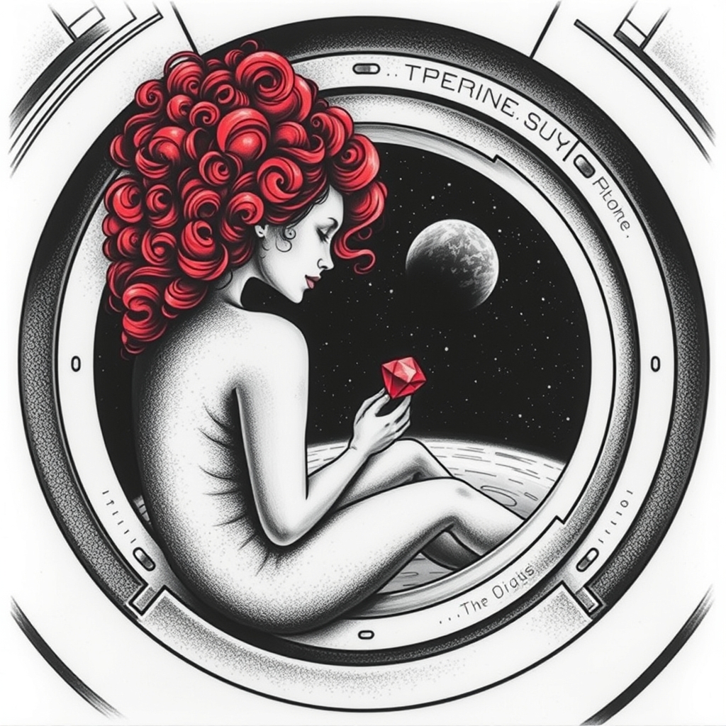 A tattoo design of Black and grey style. Redhead woman with curly hair sitting in a small space capsule alone. Floating through space with nothing to keep her company but a shining red ruby which she holds close by the porthole window. They are both sitting by the window peering out on an unknown planet. in the style of surrealistic. - space exploration tattoo design generated by AI tattoo generator
