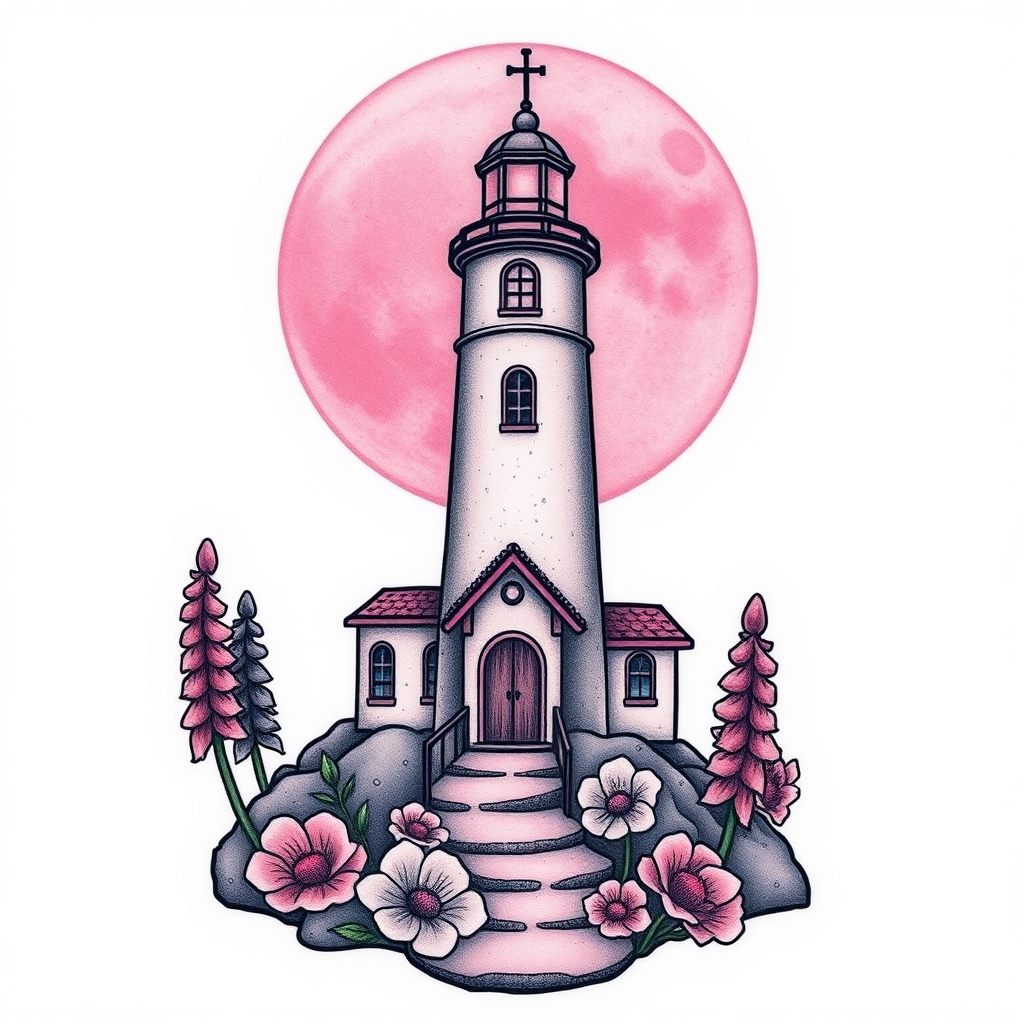 A tattoo design of Chapel with light house pink moon an lupines in the style of realistic. - landscapes tattoo design generated by AI tattoo generator