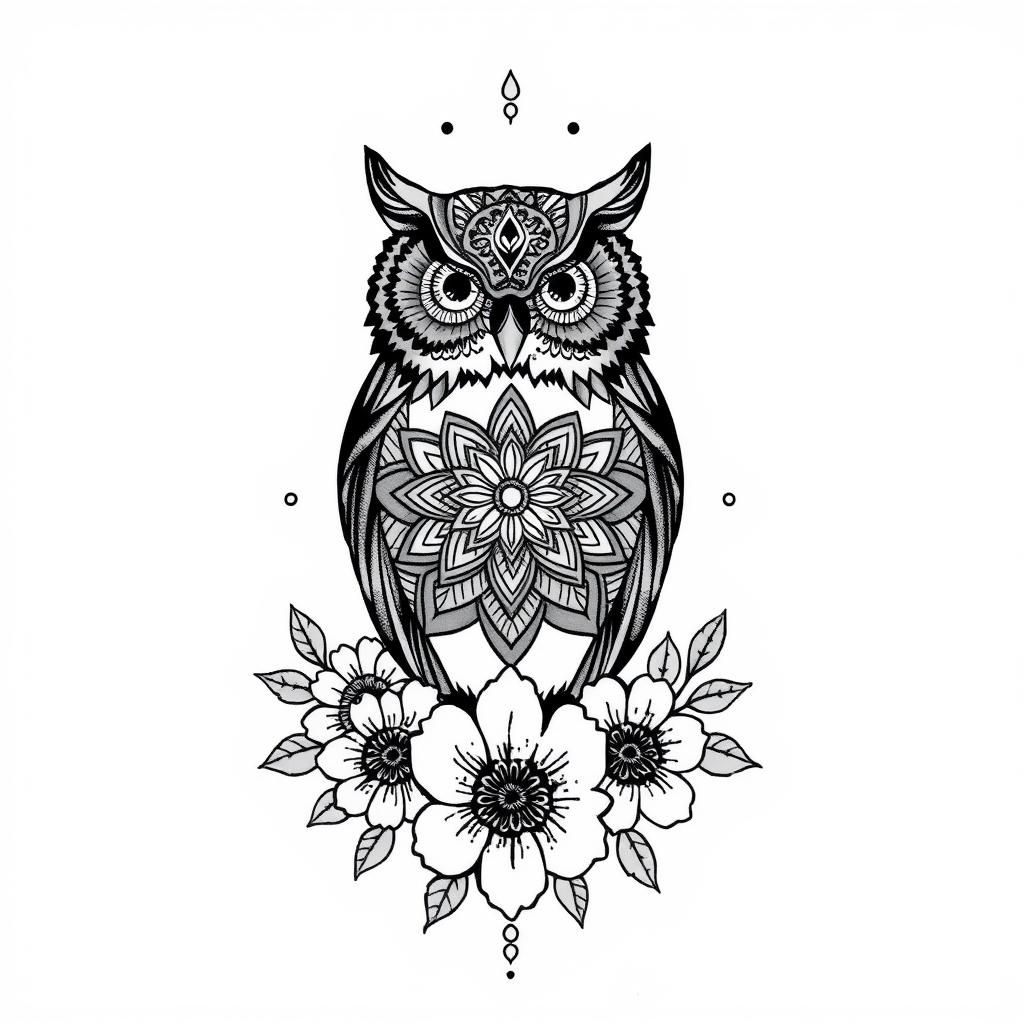 A tattoo design of Mandala owl cover up with flowers on bottom in the style of blackwork. - animal mandala tattoo design generated by AI tattoo generator