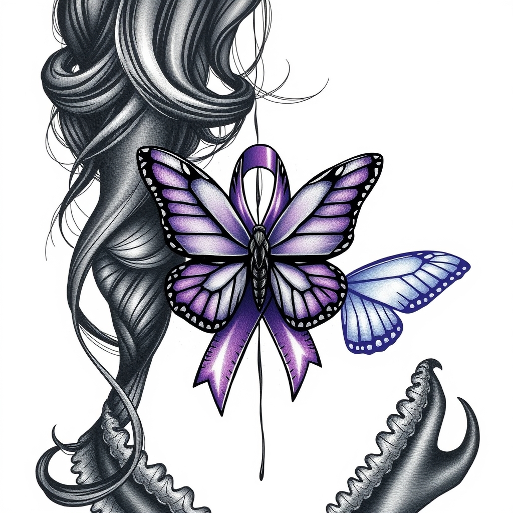 A tattoo design of A woman crying with the domestic awareness ribbon with a purple butterfly entwined together in the style of geometric. - domestic awareness tattoo design generated by AI tattoo generator